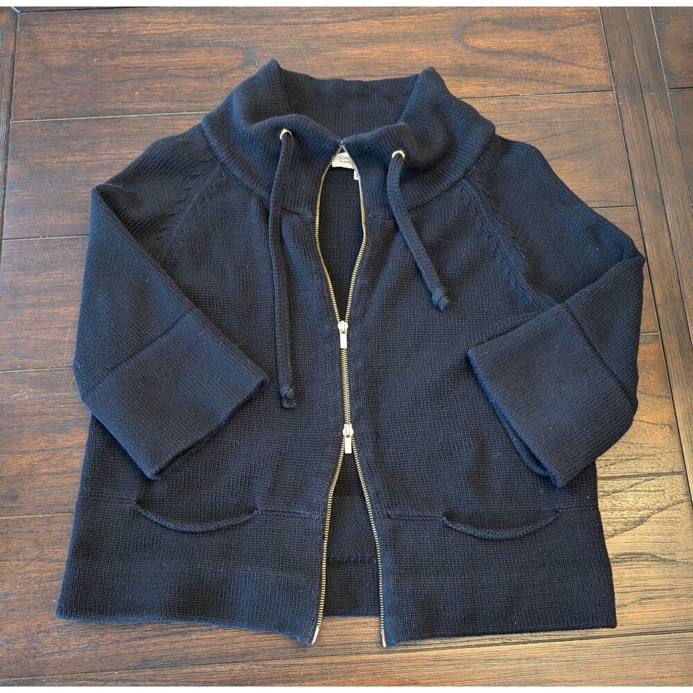 Jones New York Sport Black Cotton Cardigan Large Double Zip Gold Hardware